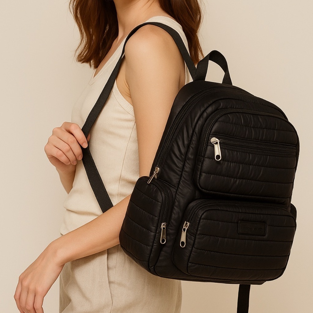 ✨ 🖤 Tahari Quilted Black Backpack • Multi-Pocket Nylon Bag • Modern Chic 💼 ✨